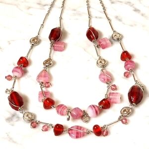 Wire Wrapped Glass Beaded Necklace Pink Red Metal Accents Swirl Dbl Strand 20"